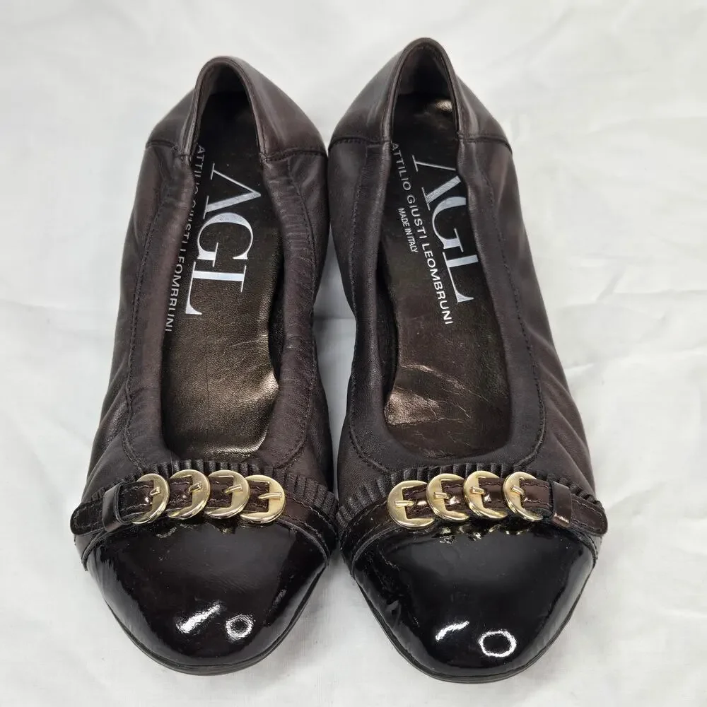 AGL Attilio Giusti Leombruni Ballet Flats Cap Toe Leather Gold Buckle 37.5 7.5
